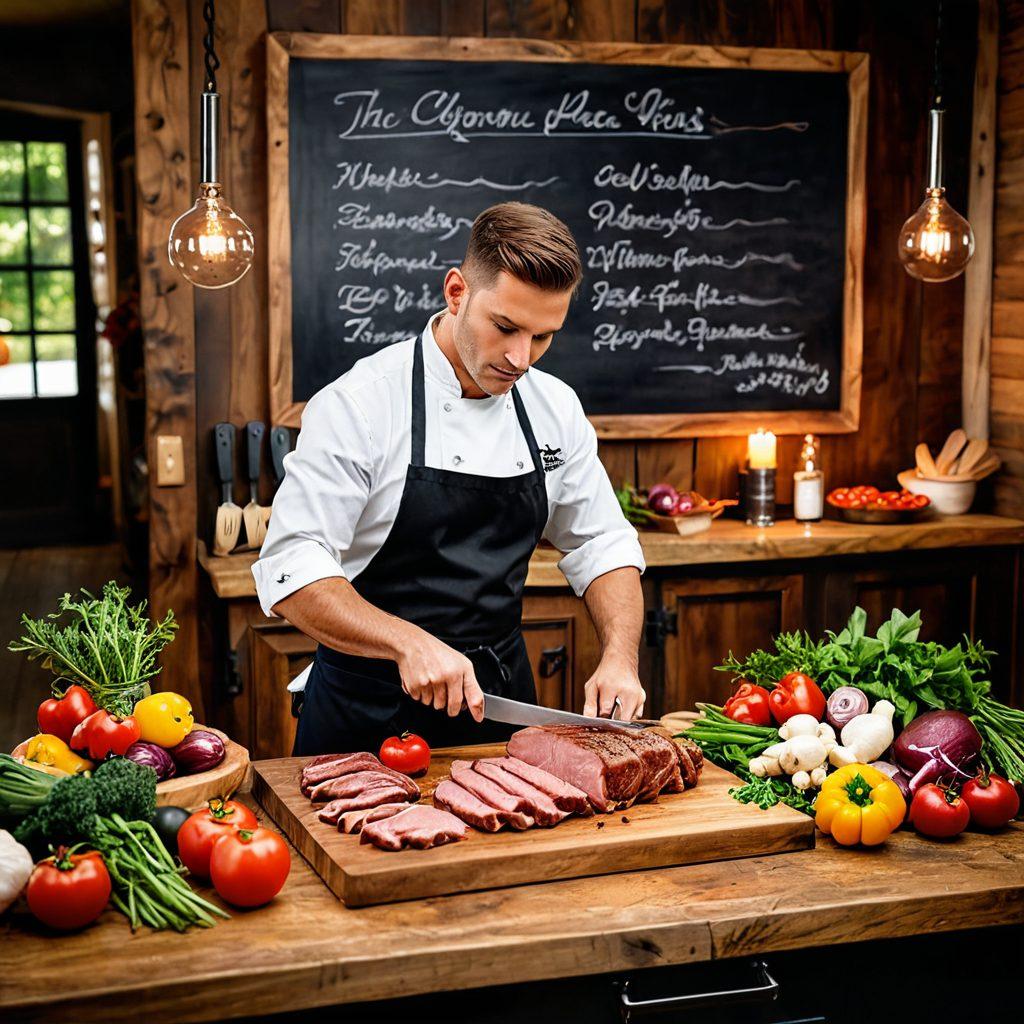 An elegant kitchen scene showcasing a skilled butcher artfully slicing premium cuts of meat with precision, surrounded by vibrant fresh herbs and colorful vegetables. A rustic wooden cutting board laid out with an assortment of artisan meats, all under warm, inviting lighting that enhances the textures. The background features culinary tools and a chalkboard with handwritten butchery tips. super-realistic. warm tones. rustic style.
