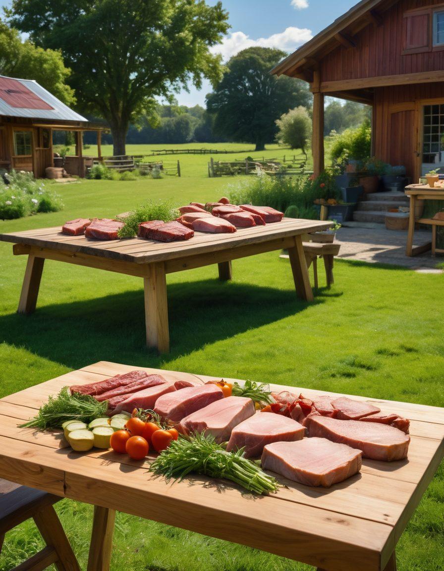 A rustic farm landscape showcasing a variety of livestock grazing under a clear blue sky, with a close-up of premium cuts of meat displayed on a wooden table adorned with fresh herbs and vegetables. Incorporate elements representing sustainability, such as a compost bin and solar panels in the background. The image should evoke a sense of connection between the farm and a healthy, vibrant meal on the table. warm tones and natural lighting enhance the organic feel. super-realistic. vibrant colors.