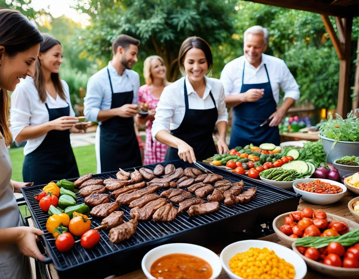 A vibrant outdoor BBQ scene showcasing an expert grilling setup with various custom cuts of meat sizzling on the grill. Include fresh herbs and spices sprinkled around, alongside a colorful array of grilled vegetables. The background should depict a lively garden ambiance with friends enjoying the feast. Capture the essence of flavor enhancement through rich textures and inviting colors. super-realistic. vibrant colors. outdoor setting.